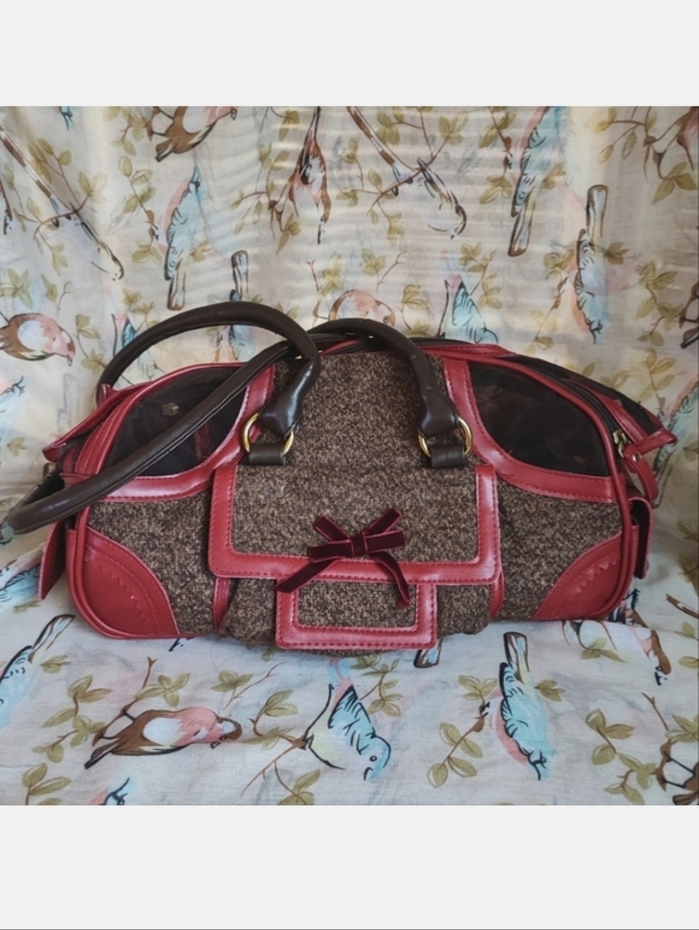 Pet Dog Cat Carrier Airplane Travel Road Trip Crate Soft Sided Wooly Brown Red